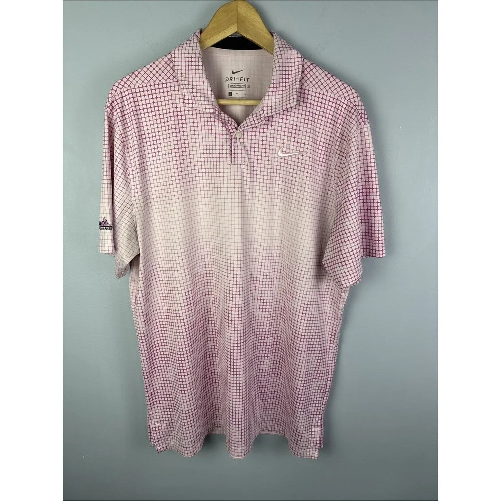 Nike Dri Fit Polo Size Medium Pink Gingham Check‎ Standard Fit Golf Tennis